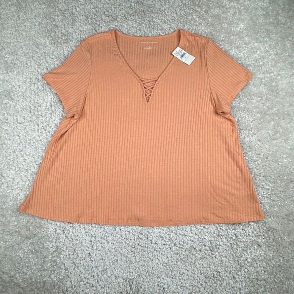 American Eagle Lace Up Ribbed Viscose Swingy Tee Orange New - Picture 1 of 6